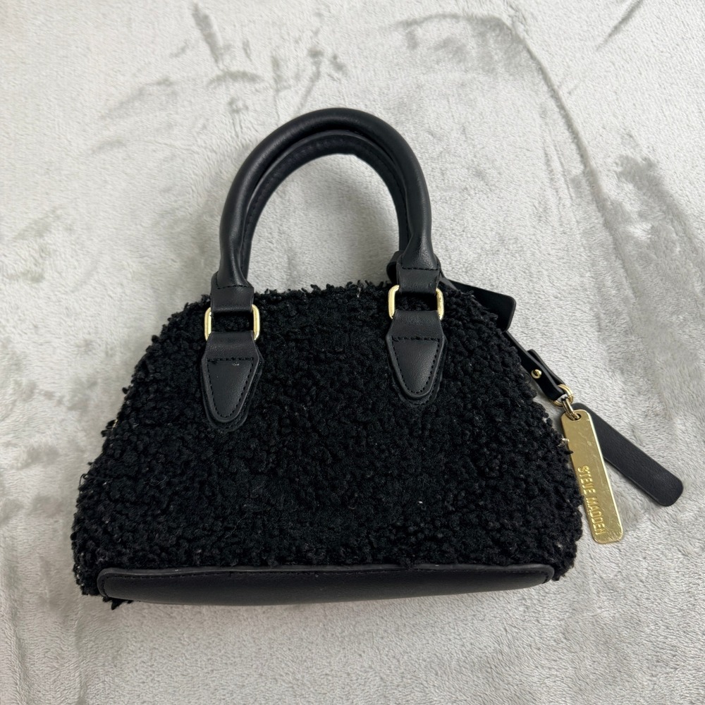 Steve Madden Black Faux Sherpa Mini Satchel Handbag Gold Hardware‎